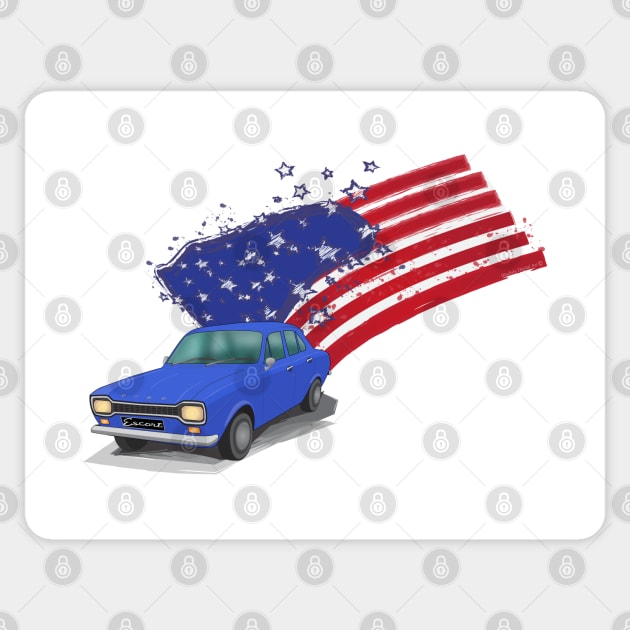 Iconic Ford Escort From the 70s with the American Flag behind - illustration Sticker by ibadishi